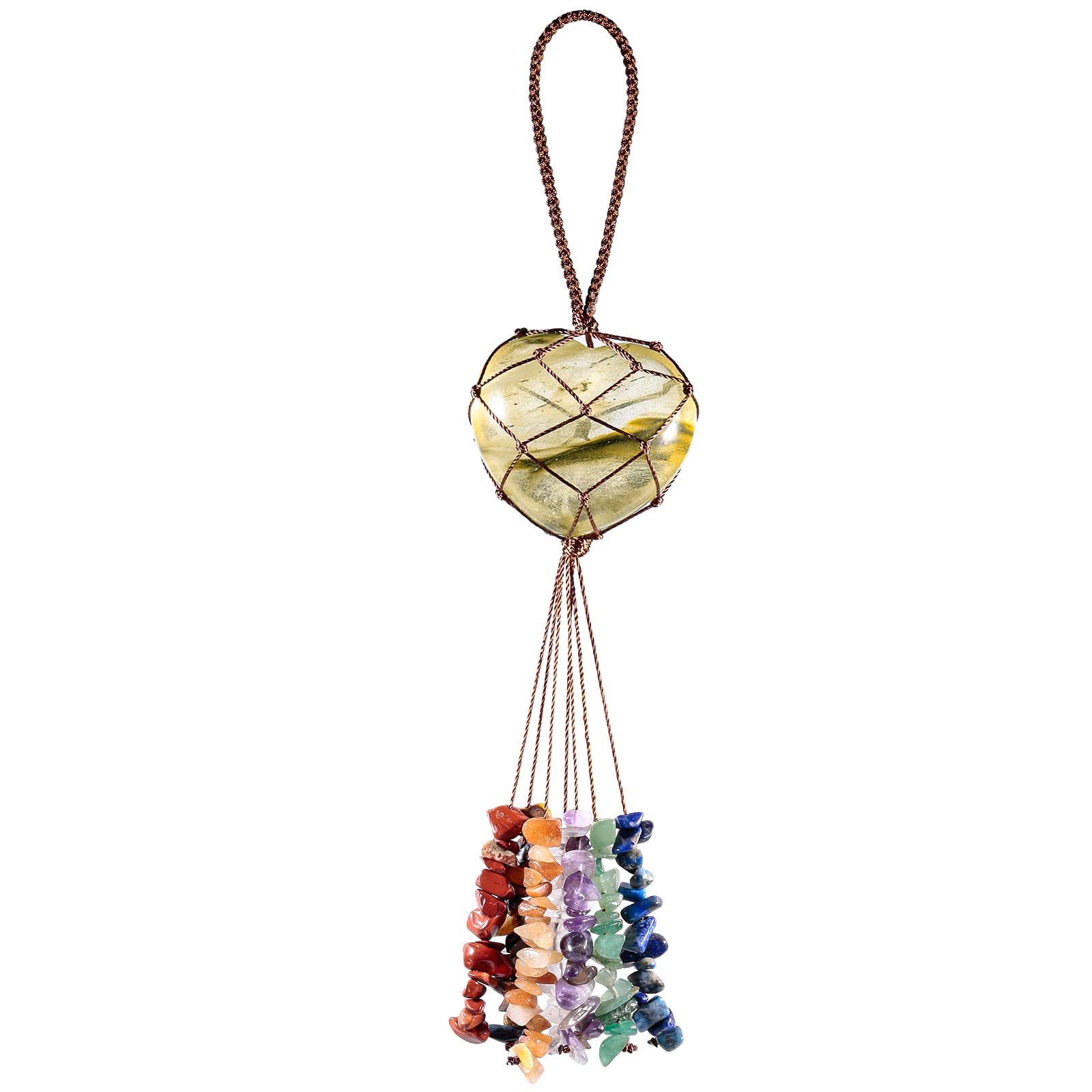 KYEYGWO Volcano Cherry Quartz 7 Chakra Crystal Stone Heart Hanging Ornament, Reiki Healing Love Crystal Hanging Gemstone Heart Shaped Wall Hanging Window Decoration for Home Car Wedding