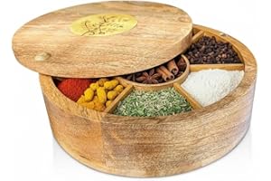 Premium Mango Wooden Spice Box Masala Dabba 7 section Spice Cellar Kitchen Storage Container Airtight Swiveling Magnet Floral