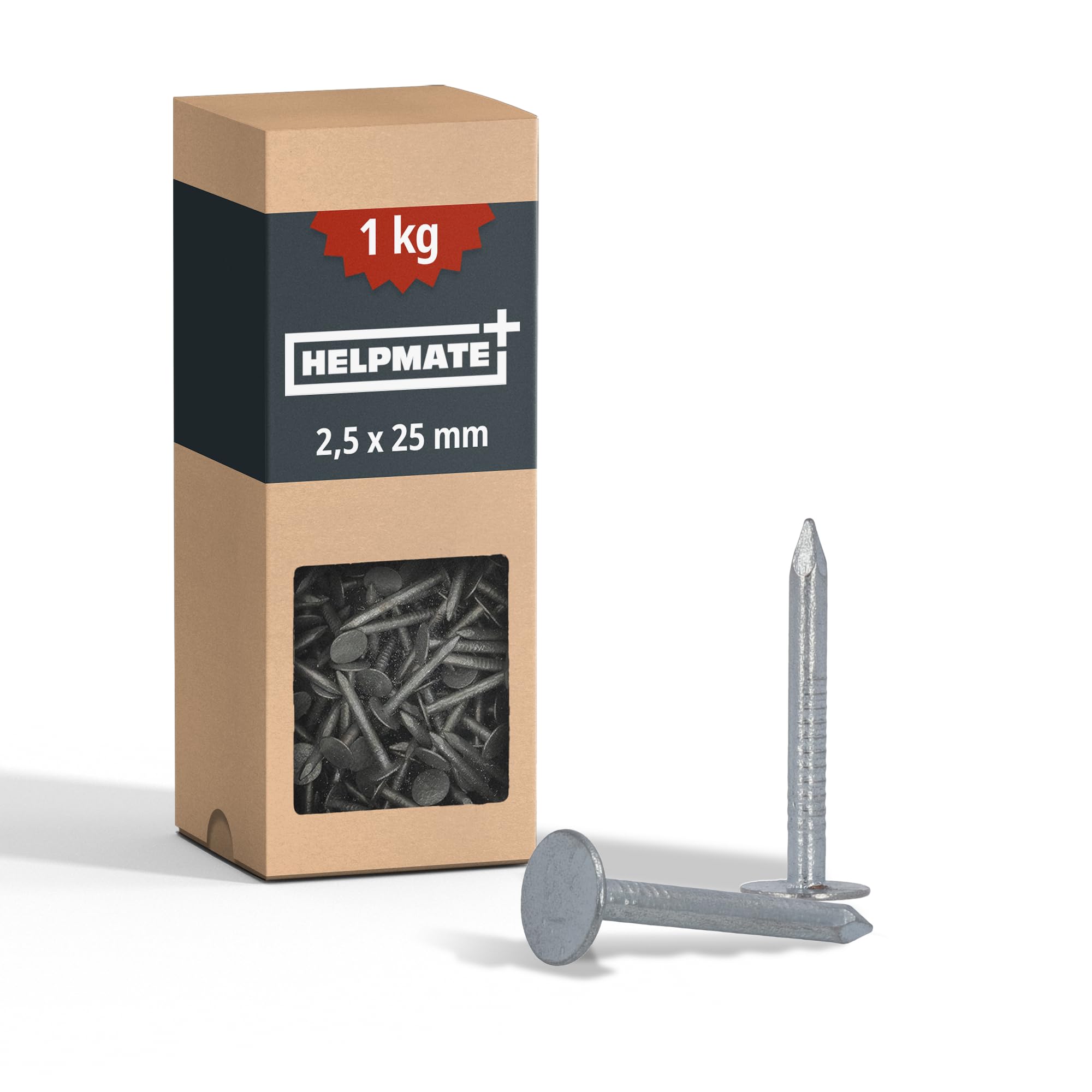 HELPMATE Roofing Felt Nails 2.5 x 25 mm Mechanical Galvanised - 1 kg Roofing Felt Pins Type B - Roofing Felt Nails DIN 1160 B - Roofing Nails Ideal for Roofing Felt, Plastic Tarpaulins & Slate Panels