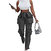 OLAMIOSO Women Baggy Denim Cargo Straight Leg Jeans with Pockets All Over