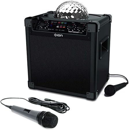 Amazon Com Ion Audio Party Rocker Plus Rechargeable Speaker With Spinning Party Lights Karaoke Effects With Dynamic Microphone With 10 Ft Cord Musical Instruments