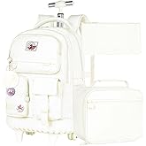 WZLVO Rolling Backpack for Girls Women, 21 inch Roller Wheels Backpacks for School, Water Resistant Wheeled Bookbag with Lunch Box - Grey