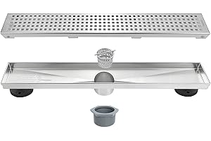Neodrain 18-Inch Brushed Linear Shower Drain with Removable Quadrato Pattern Cover, 304 Stainless Steel Rectangle Shower Floor Drains, Bathroom Linear Drain &Hair Strainer(Brushed Nickel)