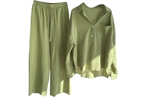 Lmdudan Women's Cotton Linen Outfits Pockets Button Up Long Sleeve Top and Wide Leg Pants 2 Piece Shirts Sets Summer Suit