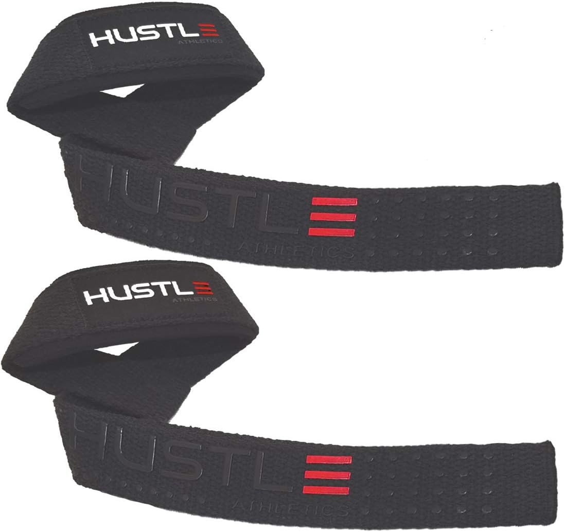 Hustle Athletics Lifting Straps for Weightlifting - Padded Neoprene Wrist Straps for Deadlifting - Cotton Lifting Strap Pair for Men and Women - Gym Crossfit Workout Straps (Black - Stealth Grip)