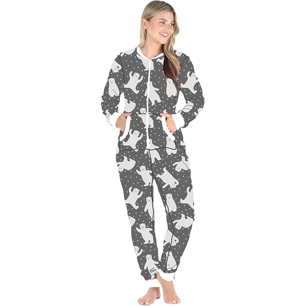 Frankie & Johnny Women's Hooded Fleece Onesie - Sherpa Trim Loungewear Pajamas