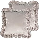 Jemiipee Velvet Ruffle Throw Pillow Covers Couch, Set of 2 Decorative Pillowcases with Ruffles 18x18 Inch Solid Color Shabby Chic Farmhouse Cushion Cover for Living Room Sofa Bed, Light Tan