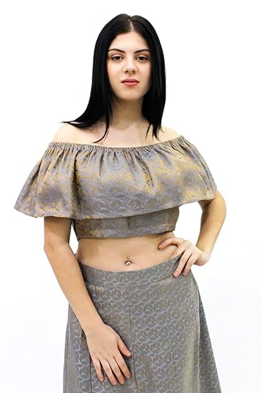 Women's Grey Brocade Crop Top for All Plus Size and Small Size (Size: XXS -8XL)