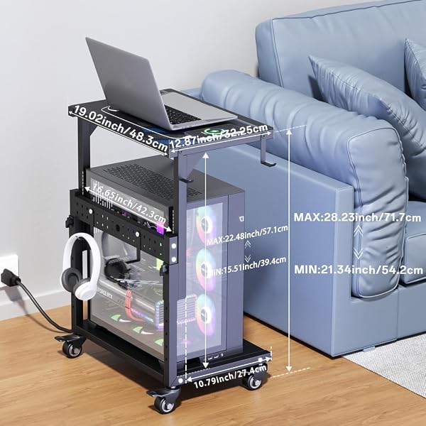 ZUAVIALA COMPUTER TOWER STAND WITH POWER OUTLET, 6 LEVEL HEIGHT AJUSTABLE PC TOWER STAND FOR FLOOR, MOBILE ROLLING CPU HOLDER CART FOR GAMING, OFFICE, HOME, 21.34″-28.3″, BLACK