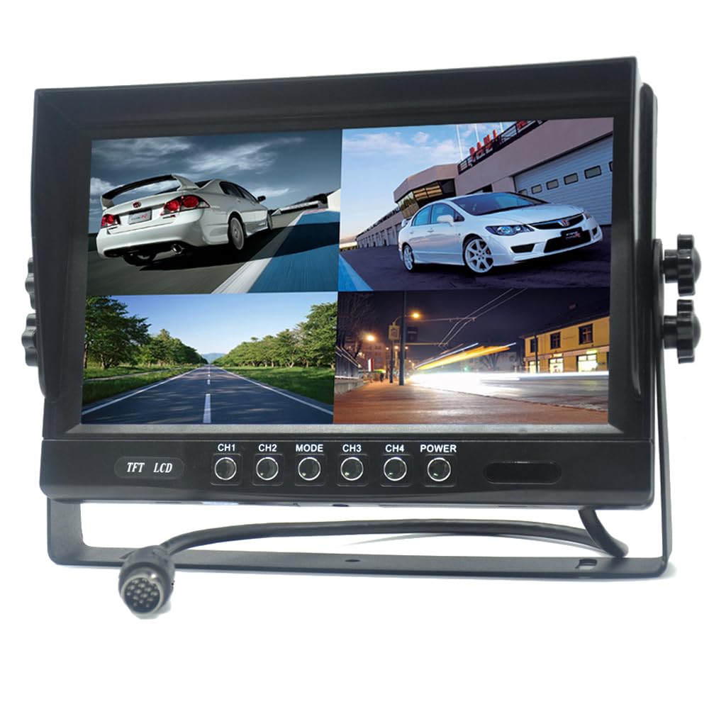 Pardarsey 9 Inch TFT LCD Car Rear View Quad Split Monitor, Remote Control, 4-Channel 4-PIN Plug Video Inputs Shockproof with 12V-24V 800480HD Screen with Parasol Anti-Glare