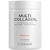 Codeage Multi Collagen Peptides Protein Capsules, 5 Collagen Types, Grass-Fed & Hydrolyzed Bovine Collagen Pills Supplement, Ashwagandha, Amla Berry Vitamins, Collagen Peptides - 90 Capsules
