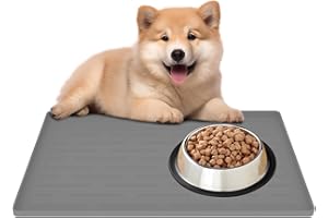 CINEZUN Silicone Pet Feeding Mat for Dogs & Cats, 16" x 10" Waterproof Non-Slip Dog Bowl Mat with High Raised Edge to Prevent Spills, Easy Clean Pet Food Mat for Floors, Light Gray