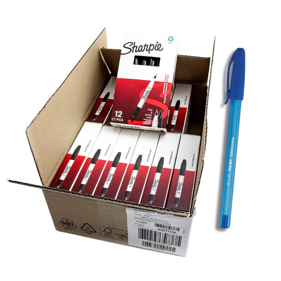 SHARPIE Twin Tip Permanent Markers, Bulk Pack of 144 Black Markers, Dual Tip (Fine & Ultra-Fine), For School, Office & Industrial Use + Bonus Paper Mate Pen Gift