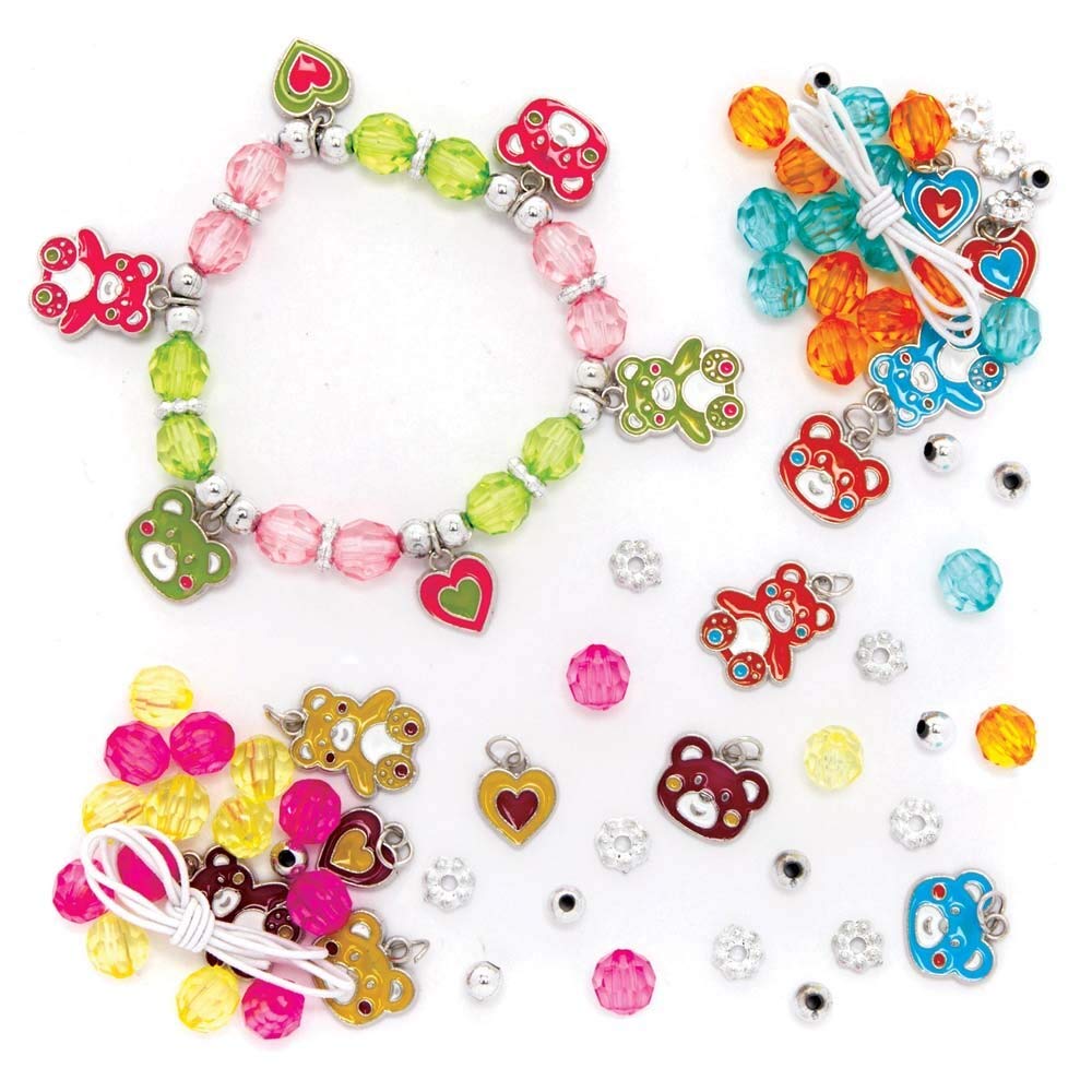 Baker Ross FE368 Teddy Bear Charm Bracelet Kits - Pack of 3, Perfect for Kids Jewellery Making Activities, Bead Art Activities or Party Crafting