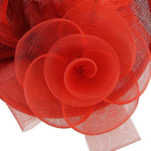 Acecharming Fascinators for Women, Feather Sinamay Fascinators with Headbands Tea Party Pillbox Hat Flower Derby Hats(Red-02)