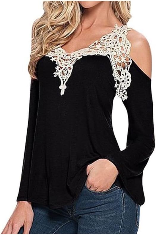 Womens Sexy V-Neck Lace Off Cut Out Shoulder Long Sleeve Tops Shirt (Smail, Black)