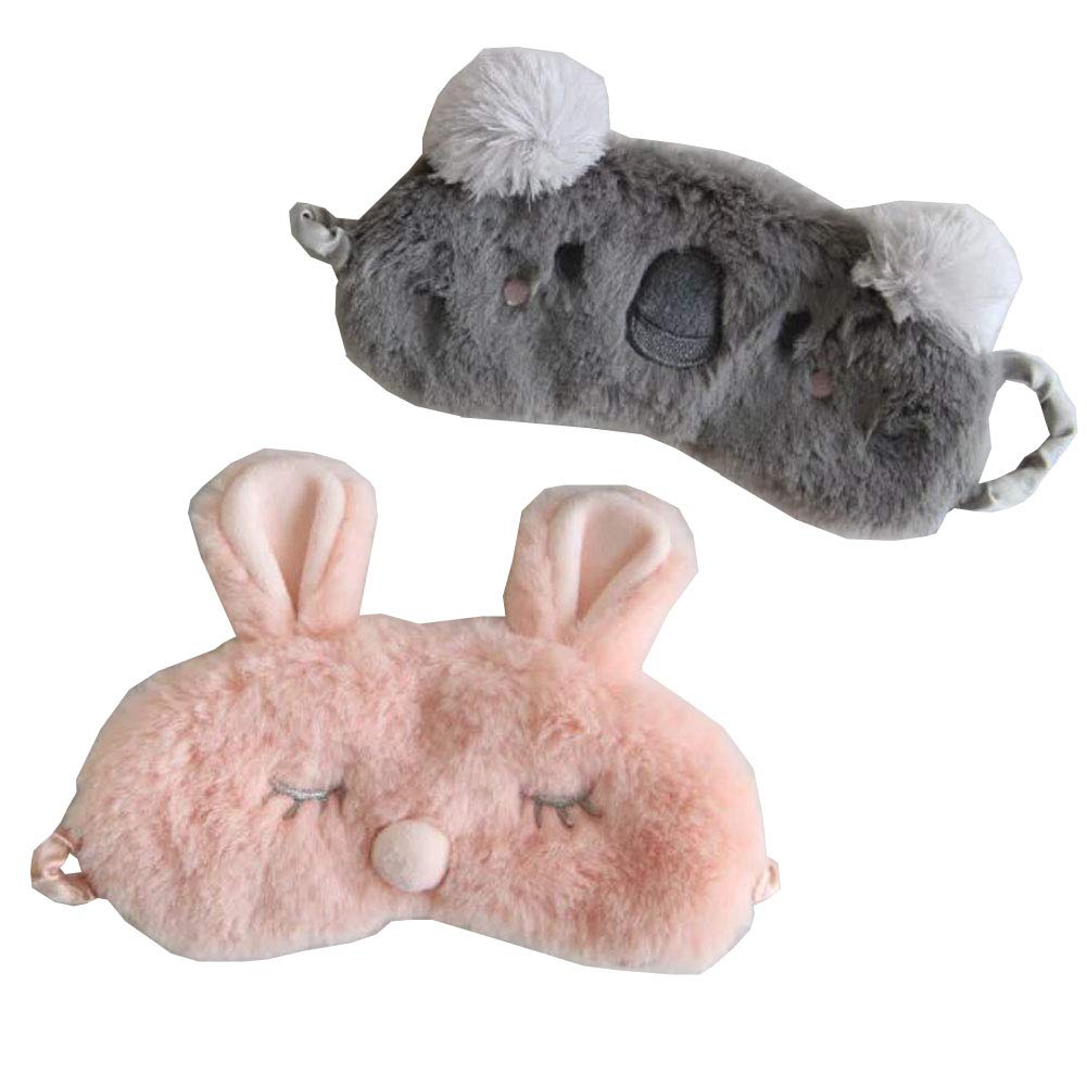 2PCS Plush Cartoon Eye Mask for Sleeping, Cute Fluffy Cartoon Animal Blindfold Eyeshade Travel Eye Cover for Women Men Girls Boys Kids (Koala Rabbit)