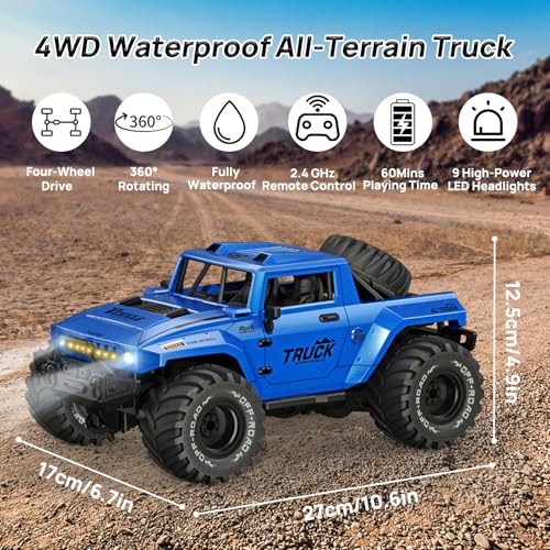 BORSCELLOR Remote Control Car, Amphibious RC Cars 1:16 Waterproof Remote Control Monster Truck Toys for Boys, Off-Road Stunt RC Vehicle 360° Rotation with LED Light for Adults Kids