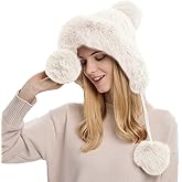 Winter Beanie Hats for Women with Ear Flaps Faux Fur Crochet Skull Cap Warm Outdoor Ski Snow Hats Pompoms