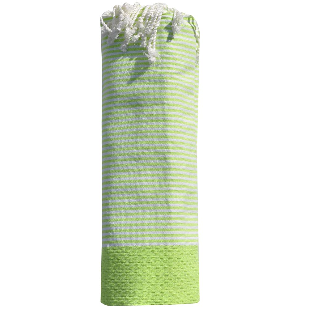 LES POULETTES BIJOUX - Towel Cotton Fouta Hammam or Beach Honeycomb Small White Stripes 100 x 200cm - Green