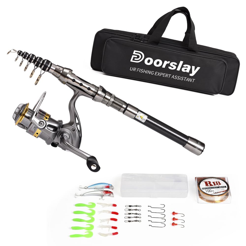 doorslay Fishing Rod and Reel Combos, Carbon Fiber Fishing Pole Combo Set, Telescopic Rods Spinning Reels Lures Set with Carrier Bag for Freshwater Saltwater Kit Fishing Gifts for Men Women