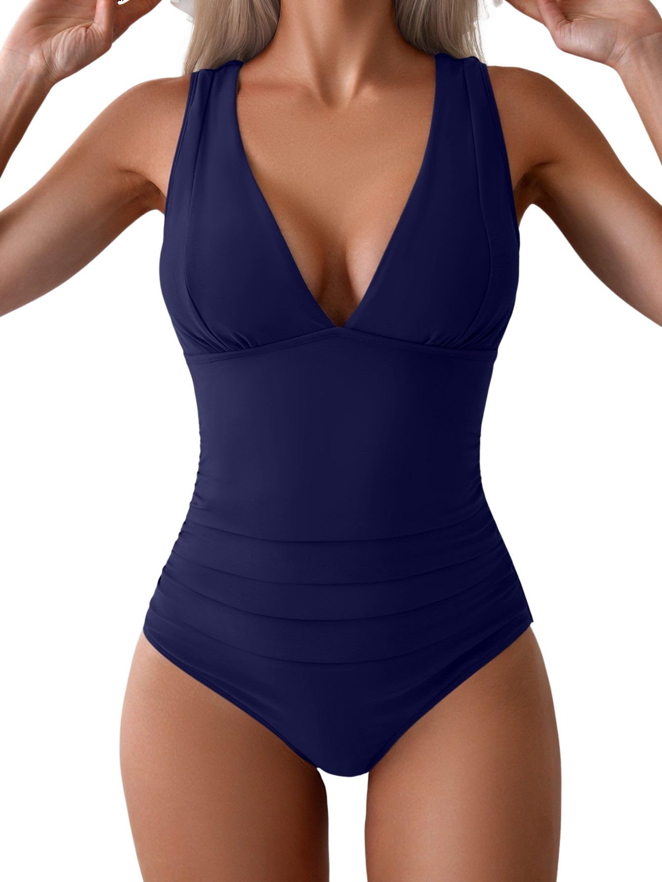 Photo 1 of Eomenie One Piece Swimsuit for Women Tummy Control Plunge V Neck Bathing Suit Slimming Wide Straps Swimwear Navy Blue
