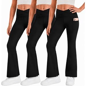 Forever 21 Girls 3-Pack Flare Leggings with Pockets Active Yoga Pants, 4-16 | Performance Stretch-Tech Fabric, Moisture-Wicki