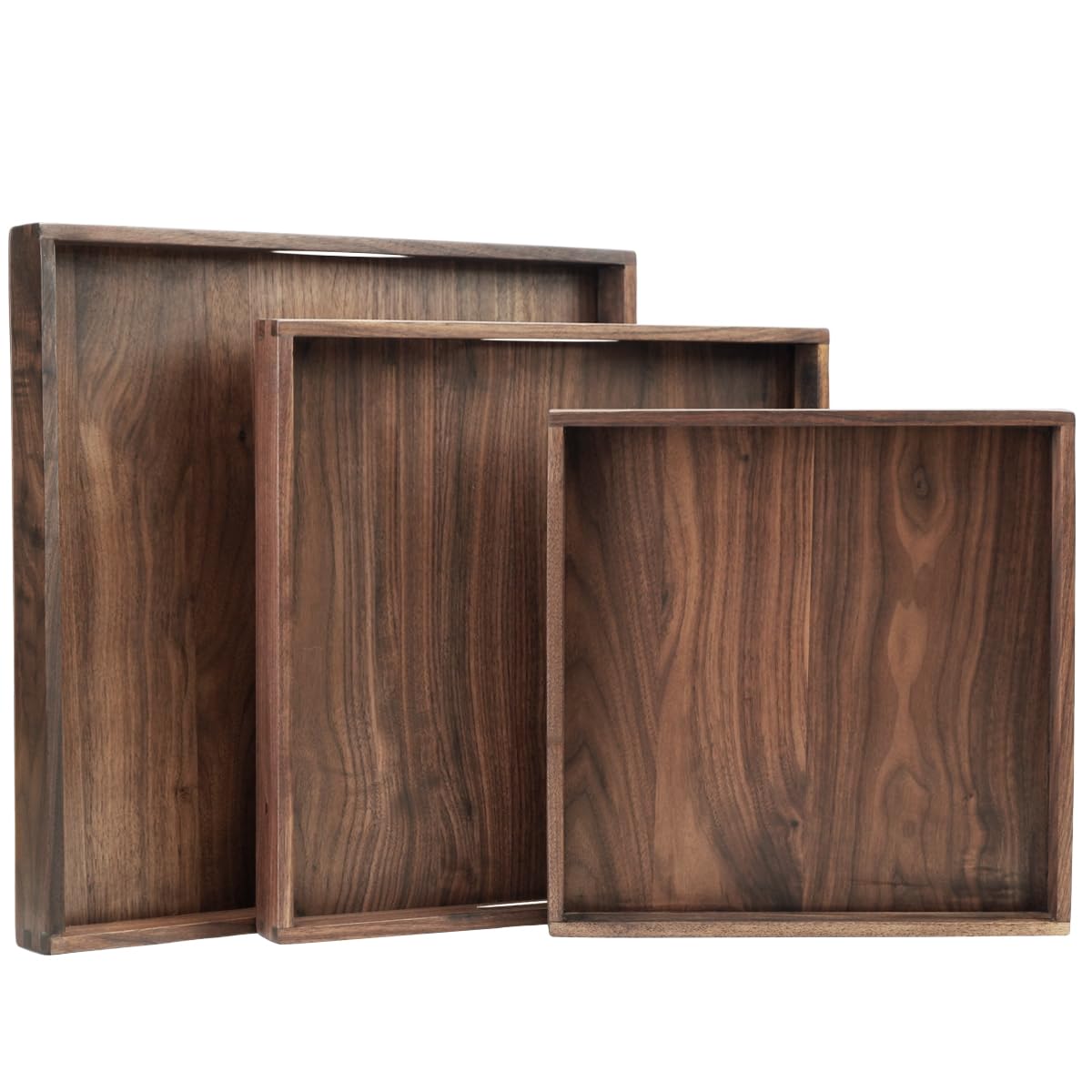 MAGIGO Set of 3 Large Square Solid Black Walnut Wood Ottoman Tray with