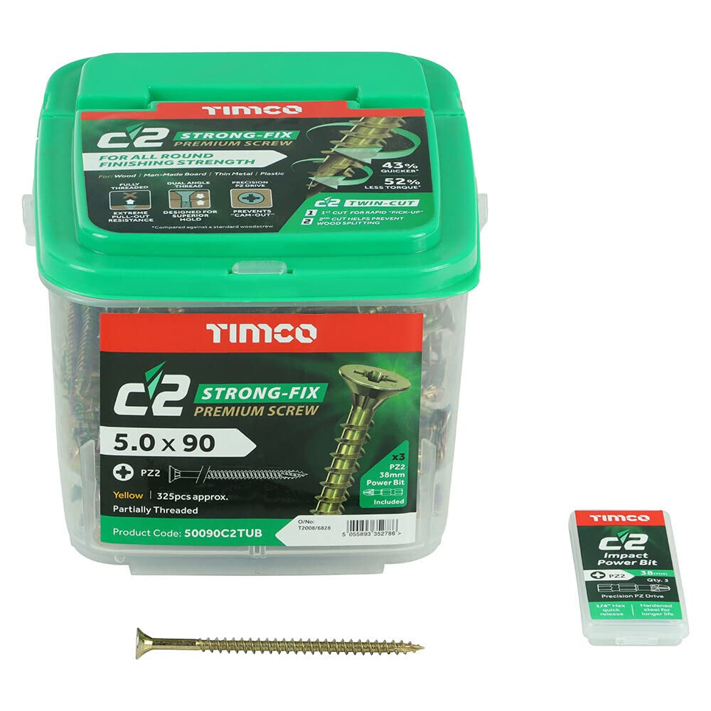 TIMCO - C2 Strong-Fix Multi-Purpose Premium Screws - PZ - Double Countersunk - Yellow - 5.0 x 90 - Tub of 325