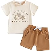 fhutpw Toddler Baby Boy Summer Clothes Tractor Letter Short Sleeve T-Shirt Tops Pockets Casual Shorts Set Infant Outfits