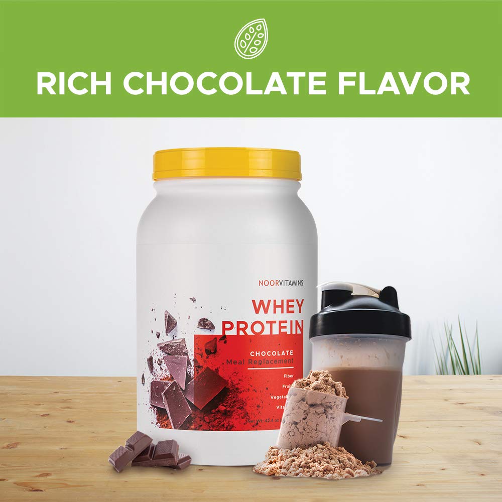 NoorVitamins Pure Whey Protein Powder, Chocolate Flavor - Preservative, GMO & Gluten Free - Infused w/ Superfoods & Natural Vitamins - Support Muscle Recovery & Curb Hunger - Halal (30 Servings) 2lbs