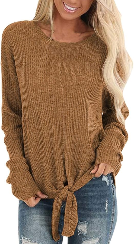 BBZUI Fashion Women Twisted Knot Front Knitted Sweater Csaual Long SleeveSoild O-Neck Top Blouse 