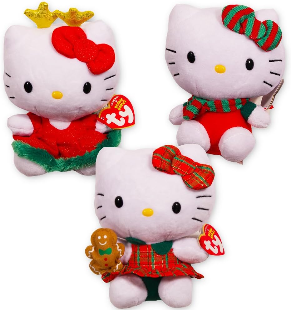 Ty Hello Kitty Christmas Beanie Baby Collection -- Set of 3 Plush 6" (Reindeer, Gingerbread Man, Holiday Scarf)