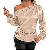 Sexy One Off Shoulder Satin Blouse for Women Long Sleeve Side Drawstring Ruched Shirts Evening Party Spring Tops