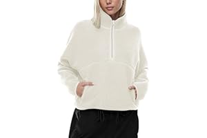 LASLULU Womens Half Zip Pullover Cropped Sweatshirts Sherpa Fleece Jacket Fuzzy Sweaters Cute Winter Jackets with Pockets