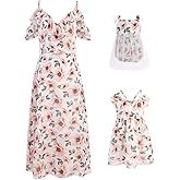 PopReal Mommy and Me Dresses Floral Print Cold Shoulder Ruffle Backless Strap Romper Beach Midi Dress Summer