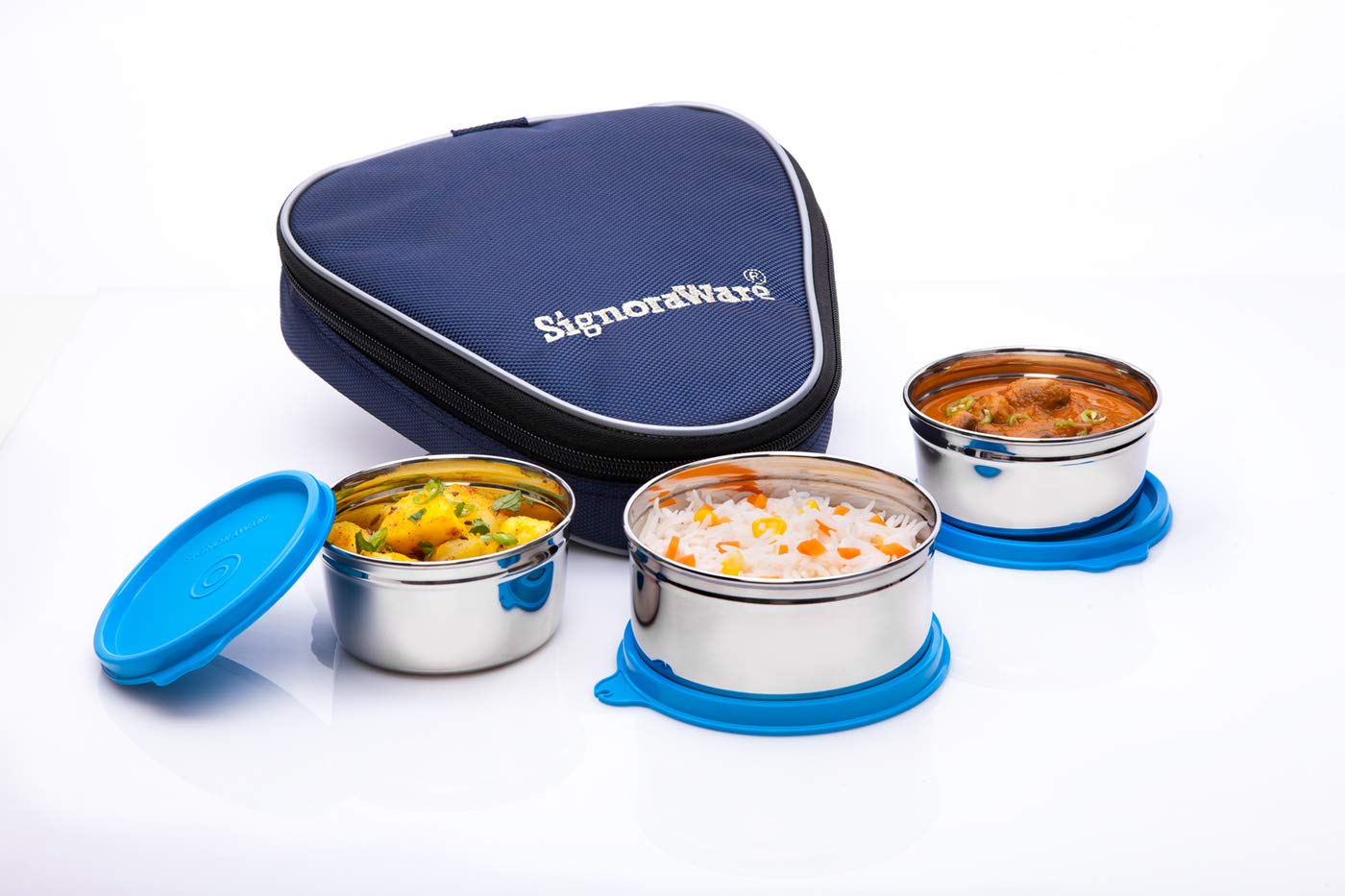 Buy Signoraware Sleek Stainless Steel Lunch Box (250ml+250ml+350ml