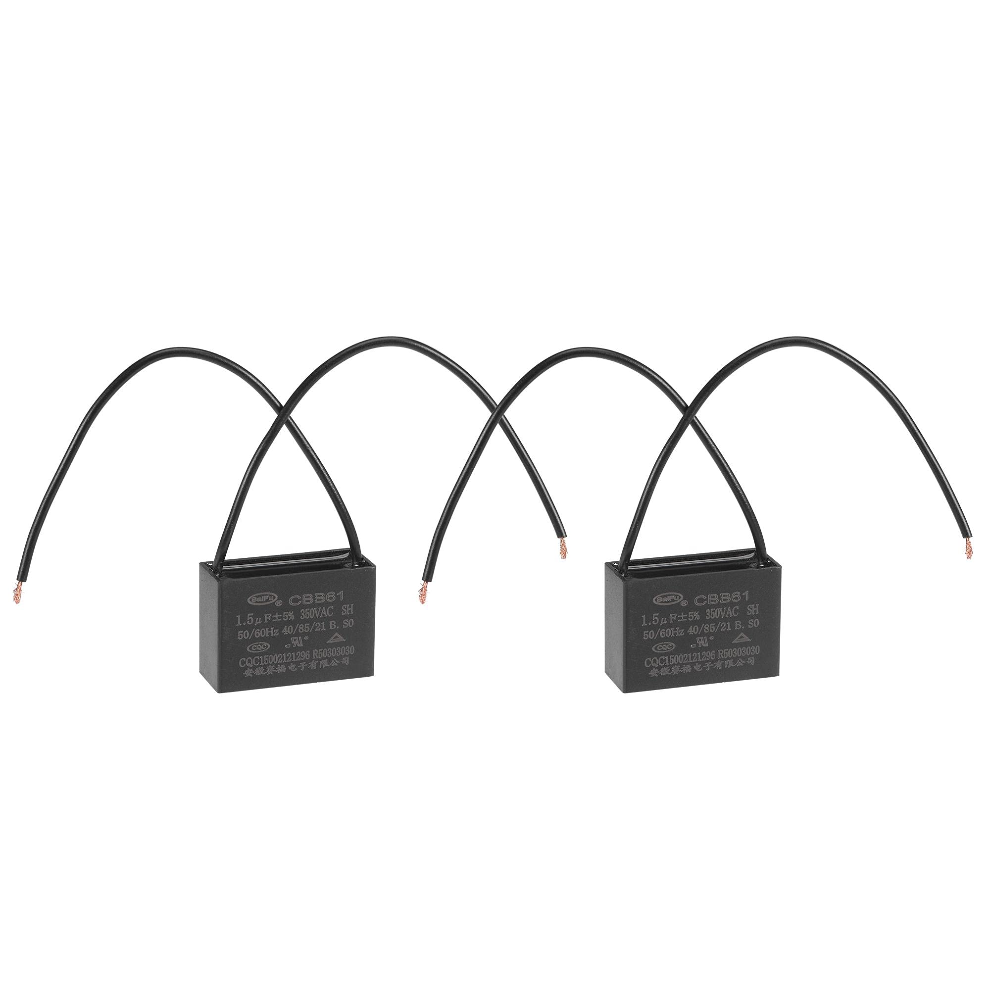 sourcing map Ceiling Fan Capacitor CBB61 1.5uF 350V AC 2 Wires Metallized Polypropylene Film Capacitor 37x26x15mm for Electric Fan Pump Motor Generator 2Pcs