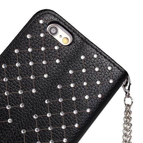 iPhone 7 Case, LU2000 Flip Folio Leather Handbag Wallet Wristlet Case with Metal Chain Sling Purse Clasp Stud Rhinestone Bling Star Decor Cover with Hand Strap for Apple iPhone 7 (4.7 inch) - Black - Thumbnail 6