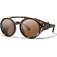 MACJERO Retro Aviator Steampunk Polarized Sunglasses with Leather Side Shield Vintage Goggles Gothic Eyewear for Men Women