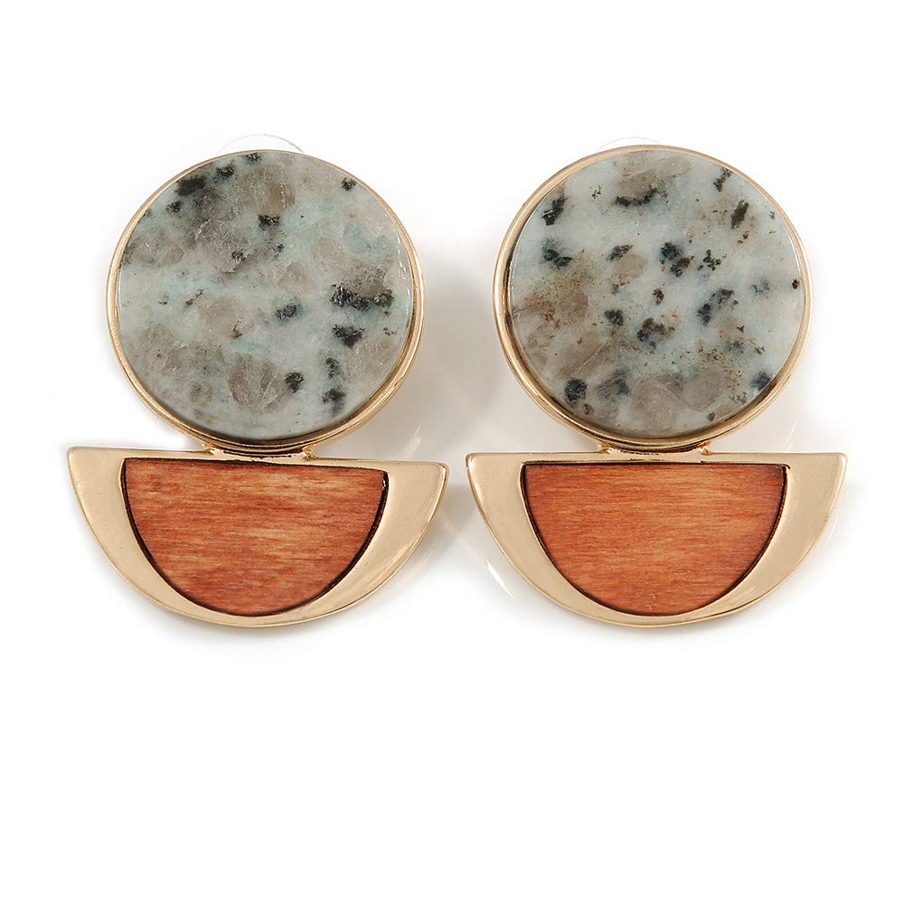 Statement Geometric Stone with Wood Drop Earrings In Gold Tone (Light Grey/Brown) - 40mm L