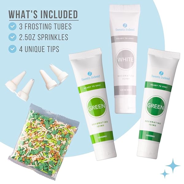 SWEETS INDEED, ST. PATRICKS DAY FROSTING KIT PLUS SHMAROCK SPRINKLES, 3 FROSTING TUBES, 2.5 OUNCES SPRINKES, 4 NOZZLES, 11.31 OUNCES, PERFECT FOR BAKING AND COOKIE DECOARTING (ST. PATRICK)