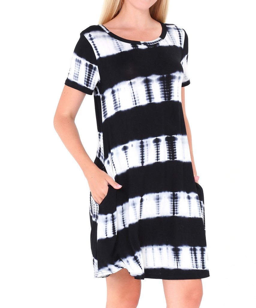 Women\'s Ombre Swing Dress Short Sleeve Tie Dye Dress with Pockets Black M