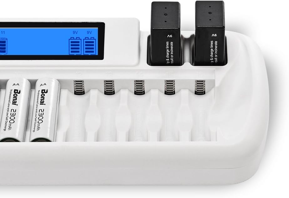 BONAI 16+2 Bay Smart Rechargeable Battery Charger with LCD Display for AA AAA NiMH NiCD Batteries & Li-ion 9V Rechargeable Batteries with AC Wall Adapter AAA aa Charger nimh Battery Charger: Home Audio & Theater