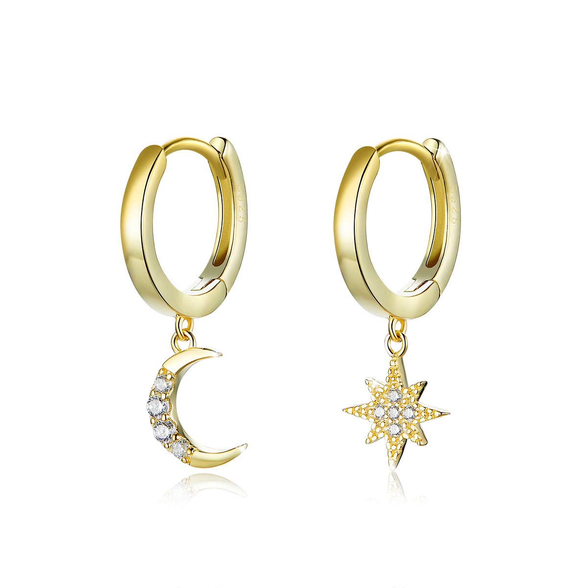 Hoop Earrings for Girls 925 Sterling Silver Gold Plated Moon and Star Earring Jewelry Valentina day Gift for Women