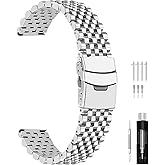 Juntan Stainless Steel Watch Band 20mm 22mm, 7 Half Beads Polished Brushed Watch Bands for Men Women, Metal Quick Release Watch Strap Watch Bracelet with Deployment Double Folding Buckle