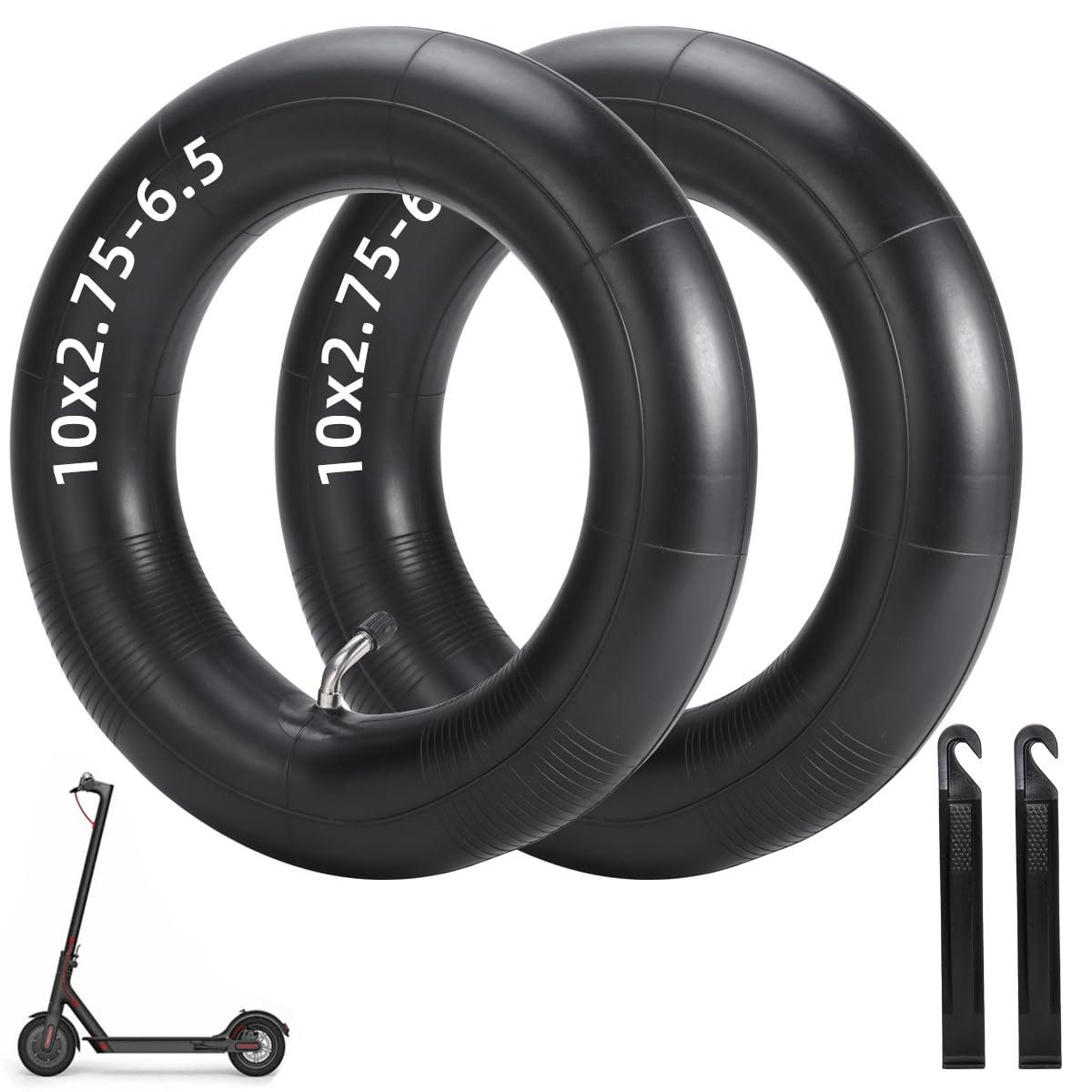Photo 1 of (2-Pack) 10x2.75-6.5 Thicker Inner Tubes with CR202 100°Angled Valve for Electric Scooters & Mini Bikes–Fits 70/65-65, 255x80, 10x3.0, 10x2.50, 10x2.70-6.5 Tires–Includes 2 Tire Levers