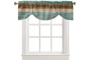 VANDARLLIN Farmhouse Blackout Tie Up Valance Curtains for Kitchen Windows Teal Turquoise Green Brown Country Window Toppers Balloon Shades for Living Room/Bathroom/Bedroom,60" X 18" Retro Rustic Barn Wood