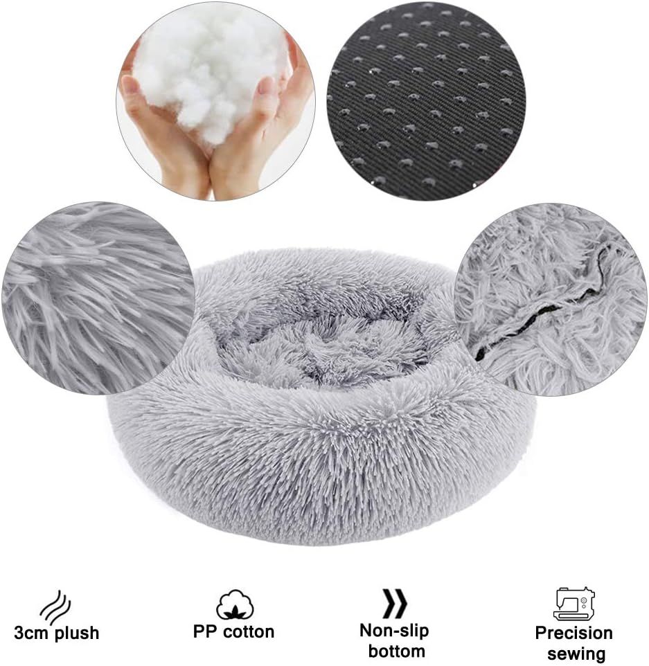 Nepfaivy Calming Dog Cat Donut Bed, 19.7in Fluffy Plush Puppy Kitten Cuddler Round Bed - Image 3