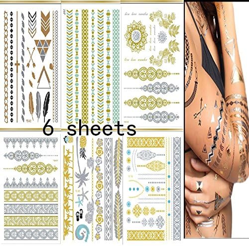 6 Sheets Premium Metallic Tattoos - Designs in Gold and Silver - Temporary Fake Tattoos For Music Festivals Yoga Vacations Costumes Concerts Bachelorette Parties